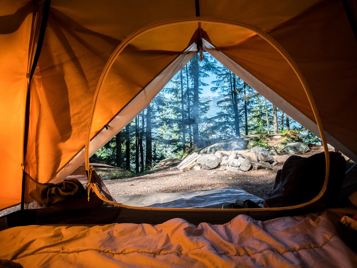 View from inside an orange tent looking out onto a sunny forest campsite